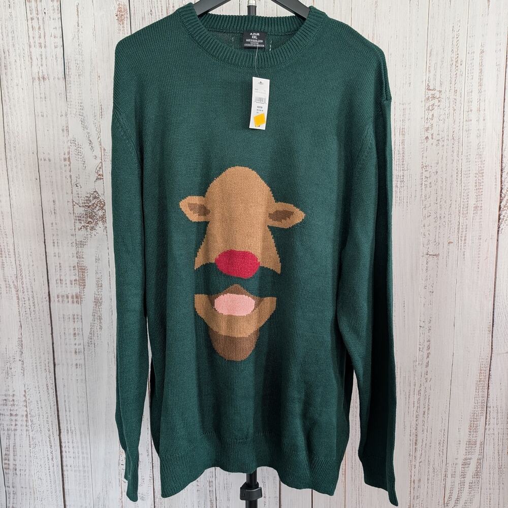 Azur Ugly Christmas Sweater XXL Forest Green Reindeer Knit Holiday Party NWT